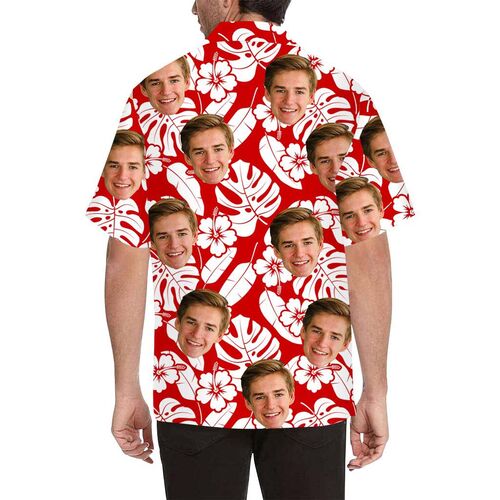 Custom Face White Flowers and Leaves Men's All Over Print Hawaiian Shirt