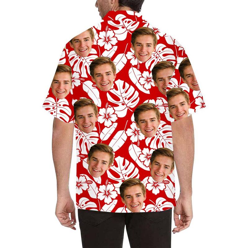 Chemise hawaïenne à impression intégrale pour hommes avec visage personnalisé, fleurs et feuilles blanches
