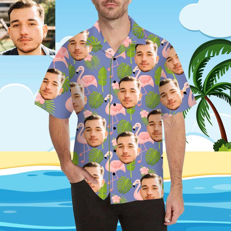 Custom Face Pink Flamingo and Leaves Men's All Over Print Hawaiian Shirt