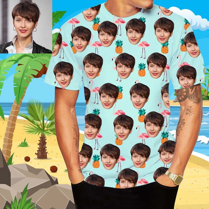 Personalized Face Hawaiian T-Shirt Printed With Pineapple & Flamingo