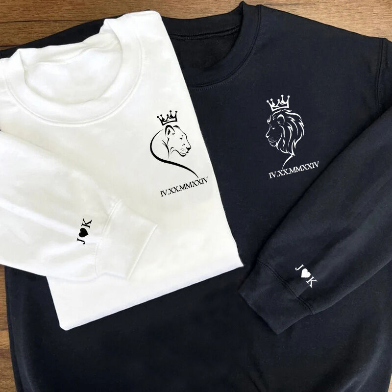 Personalisierte Sweatshirt Löwe König Paar Krone Design mit benutzerdefinierten römischen Zahl Datum Geschenk für Verliebte