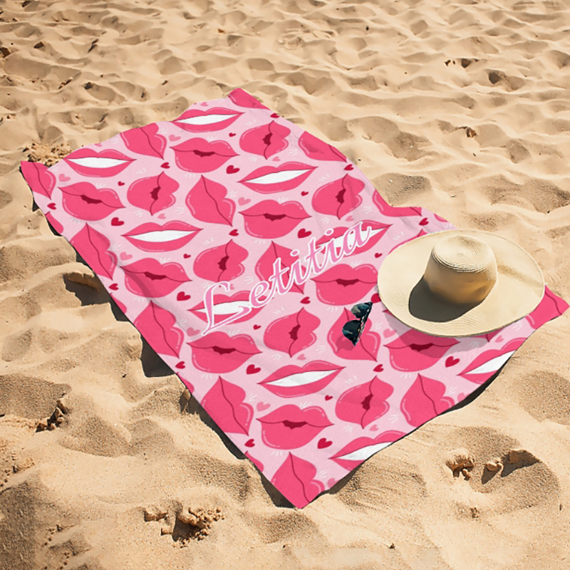Personalized Name Bath Towel with Red Lips Pattern Sweet Gift for Couples