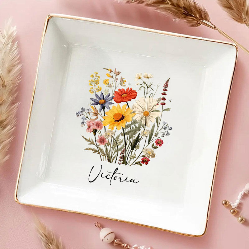 Personligt namn smycken ringskål med färgglatt blommönster Bästa present till vän