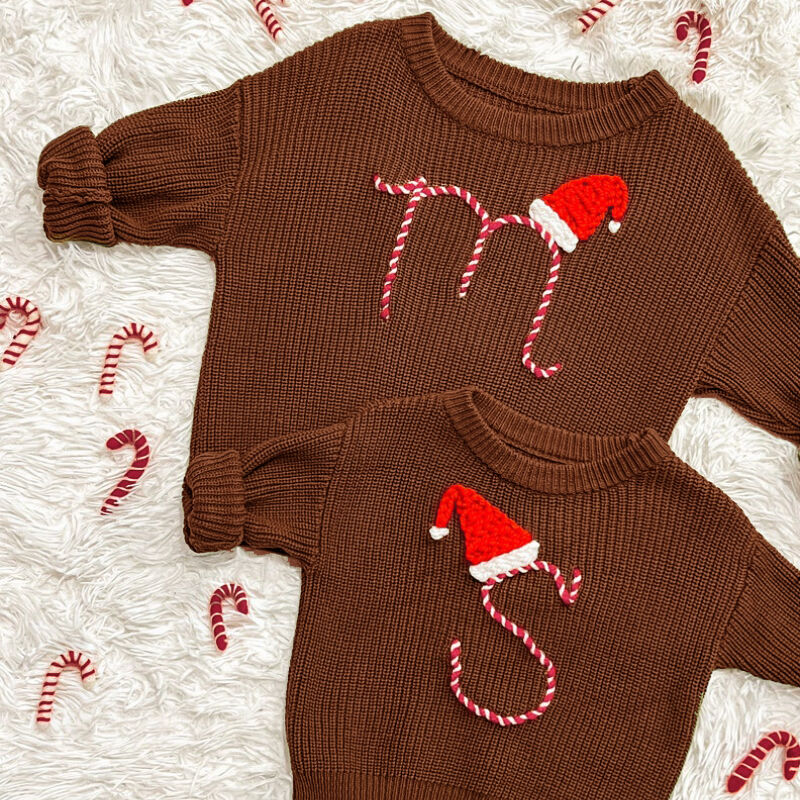 Personalized Handmade Name Sweater with Custom Letter And Santa Hat Pattern Creative Christmas Gift