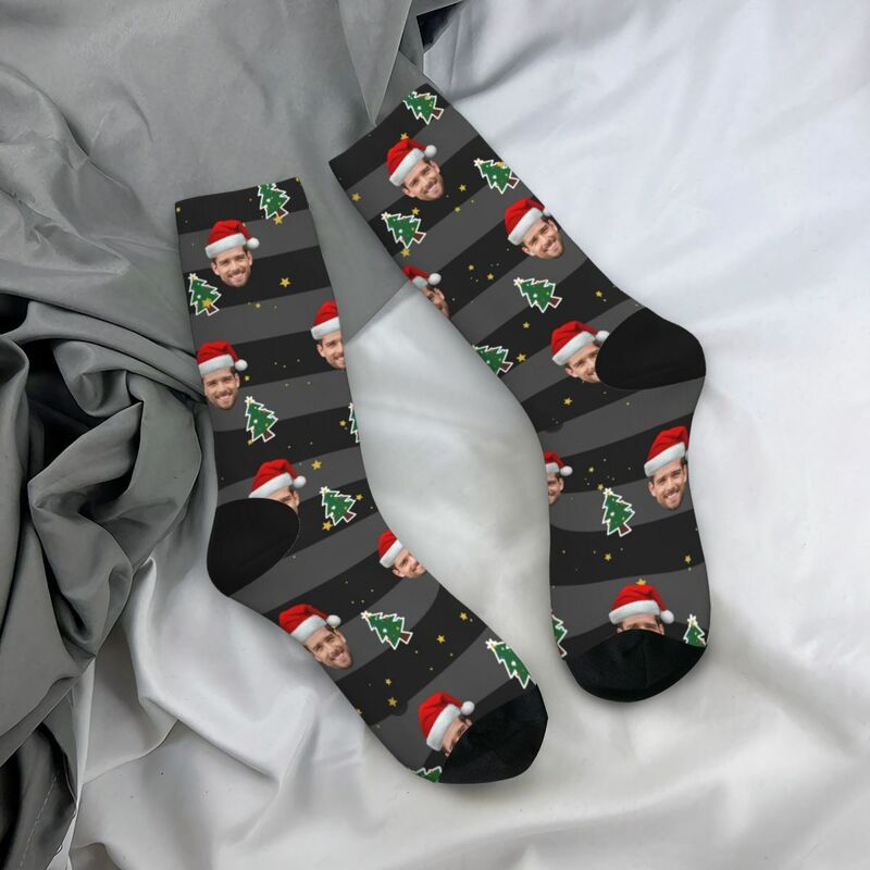 Personalized Face Socks with Christmas Tree Pattern Men's Socks Christmas Gift for Him