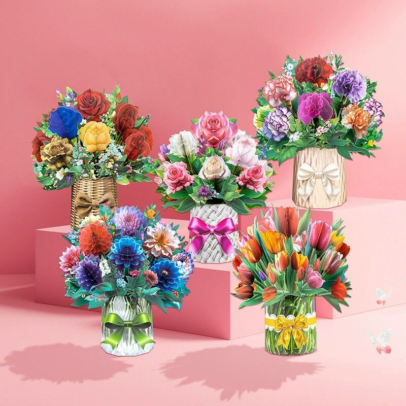 3D Pop Up Kaart Bloeiend Boeket In Vaas Ontwerp Prachtig Cadeau voor Moederdag