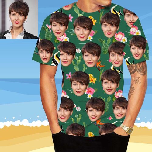 Custom Face Hawaiian T-Shirt With Colorful Flowers & Leaves