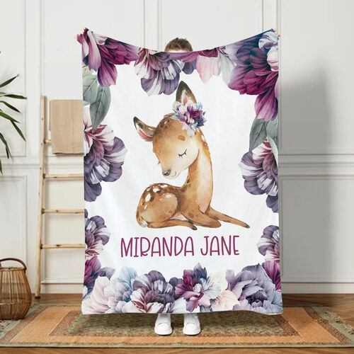 Personalized Name Blanket with Fawn and Flowers Pattern