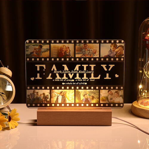 Lampe en bois acrylique personnalisée avec photo gravée et lettrage pour la famille