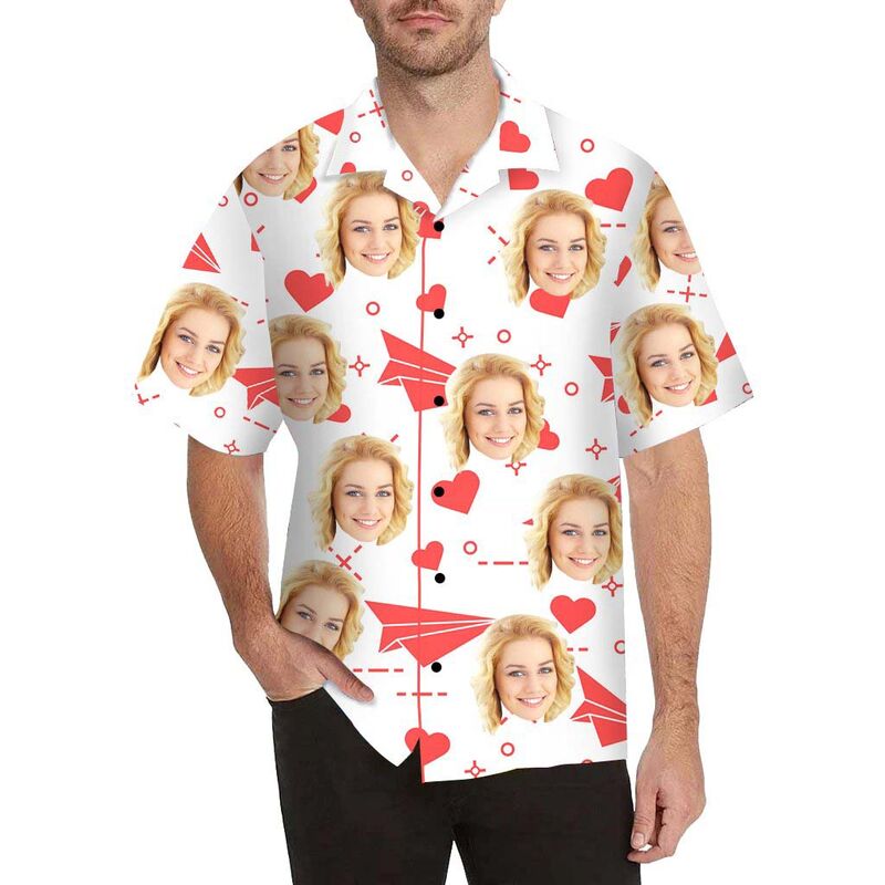 Custom Face Paper Airplane and Heart Men's All Over Print Hawaiian Shirt