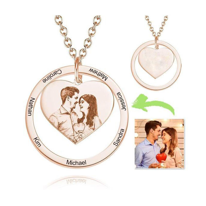 Photo Engraved Necklace Heart In Round Pendant Family Necklace