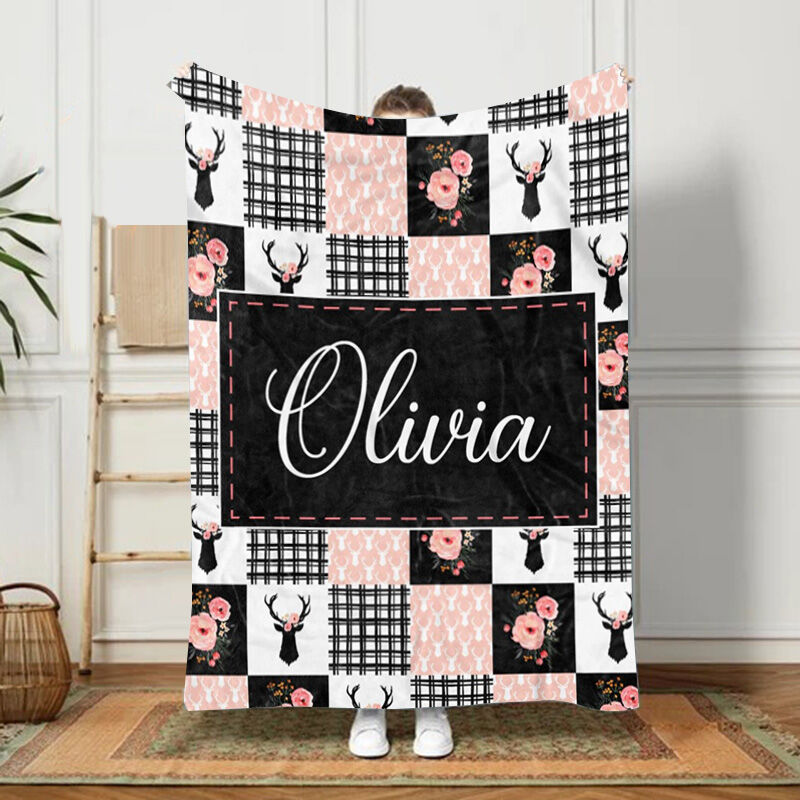 Personalized Pink Floral Deer Name Blanket for Baby Girl