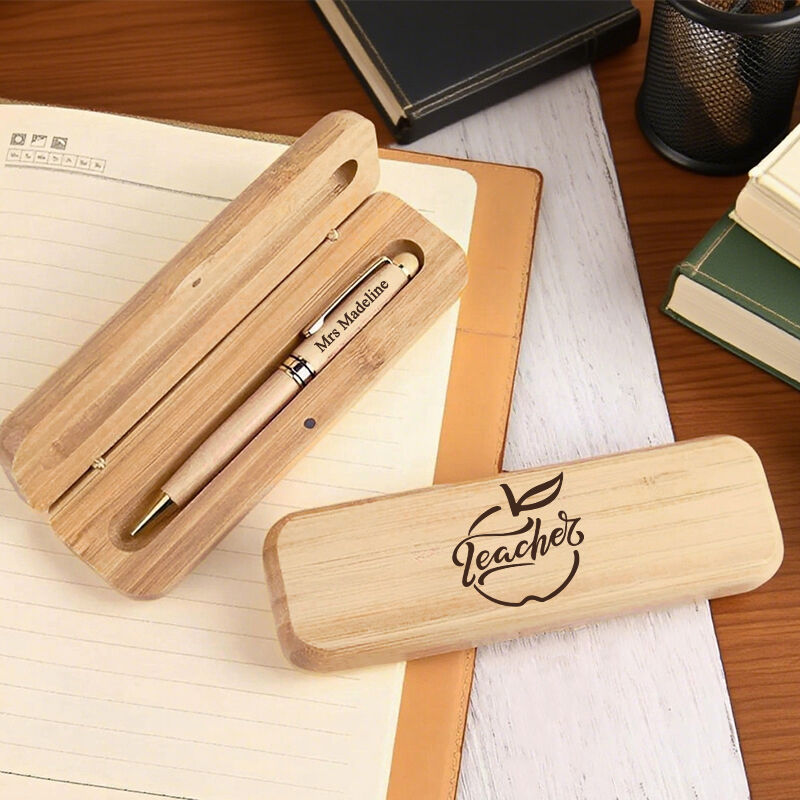 Personalized Pen Wooden Box Simple Style Apple Pattern Design Attractive Gift for Teachers