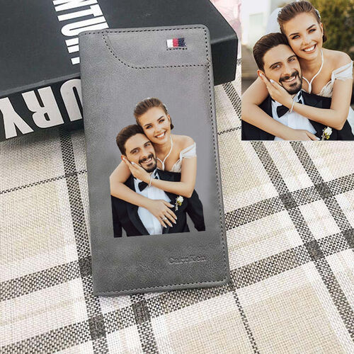 Long Wallet In Grey Leather With Personalized Color Printing Photo
