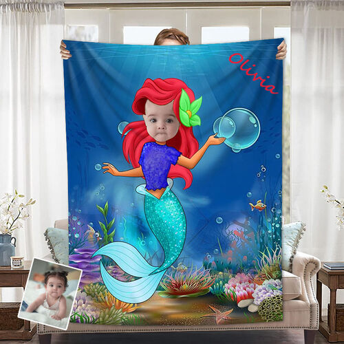 Personalized Custom Photo Blanket Mermaid Cartoon Seabed Background Girls Flannel Blanket