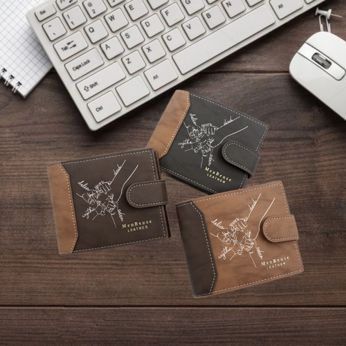 Personalized Leather Men's Wallet Customized Name Accompanied by Big and Small Hands