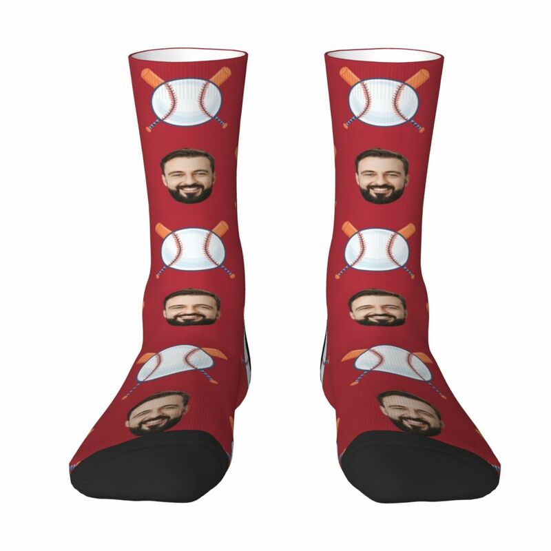 Personalized Face Socks Baseball Print Add Photo Mid-Calf Socks for Him