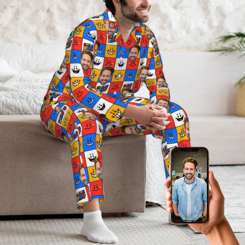 Personalized Pajamas Custom Photo Colorful Little Emoticon Block Design Vibrant Gift for Family