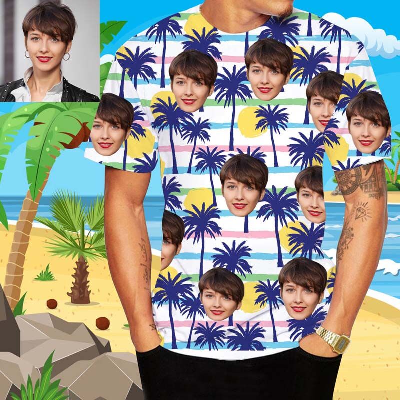 T-shirt hawaïen personnalisé pour hommes, imprimé de soleil et d'arbres