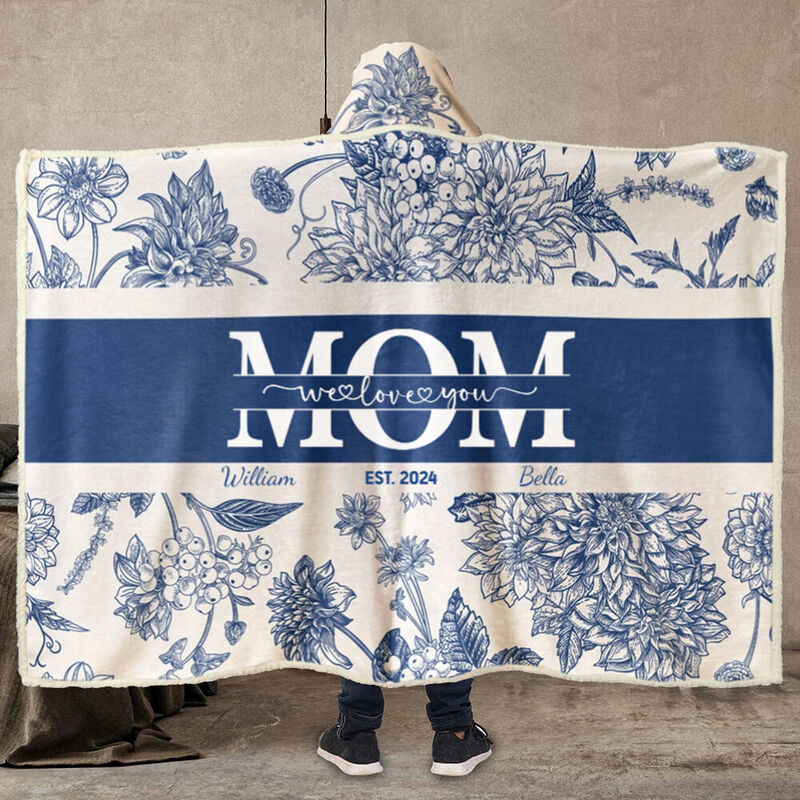 Personalized Name Wearable Blanket Hoodie with Beautiful Flowers Pattern Elegant Gift for Mother's Day