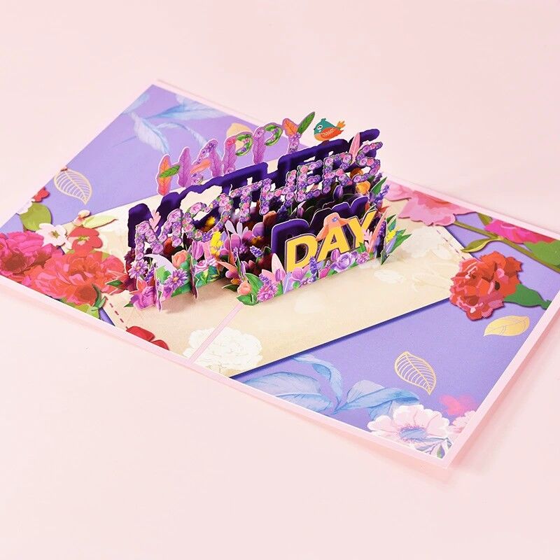 Carte Pop Up 3D Fête des Mères - Fleurs violettes - Beau cadeau pour maman