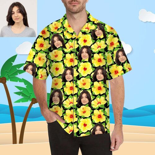 Chemise hawaïenne à impression intégrale pour hommes, avec visage personnalisé et fleur jaune