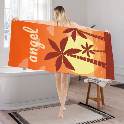 Personalized Name Bath Towel with Beach Sunset and Palm Silhouettes Pattern for Wife