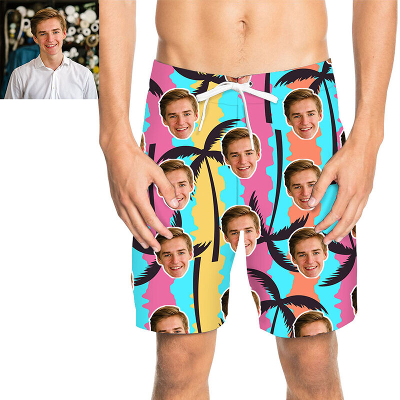 Custom Face Coconut Tree Colorful Men's Beach Shorts