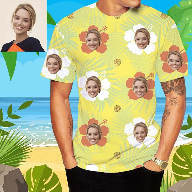Personalized Face Hawaiian T-Shirt With Green Leaves And Flowers