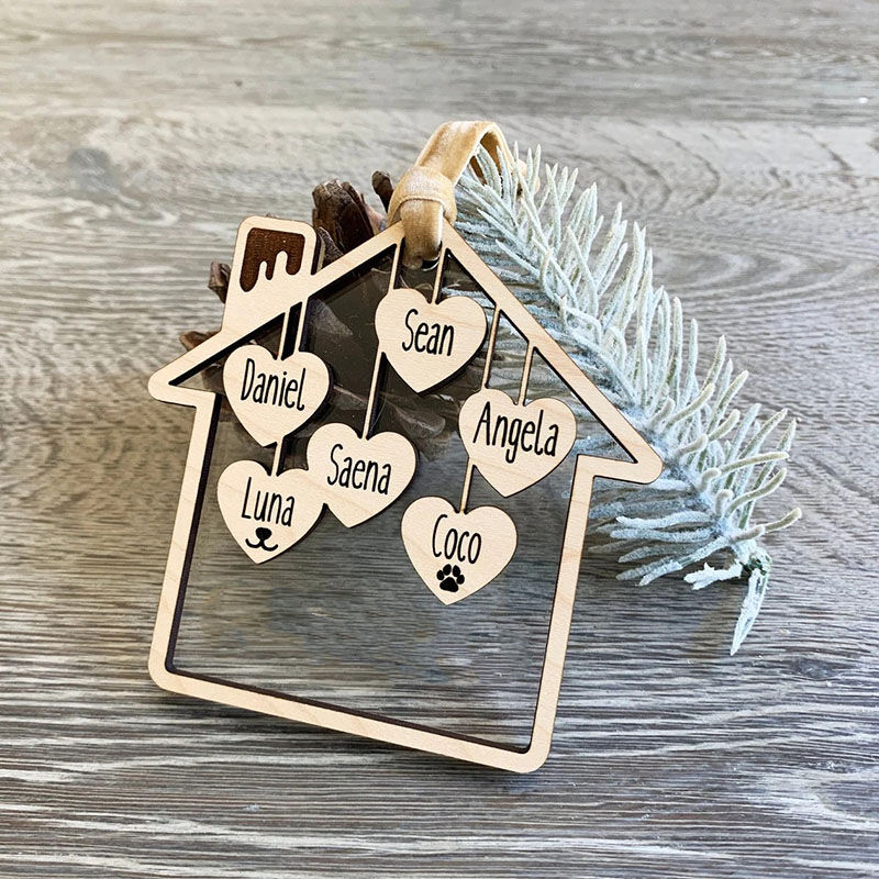 Personalized Family House Heart Wooden Carved Name Christmas Decoration