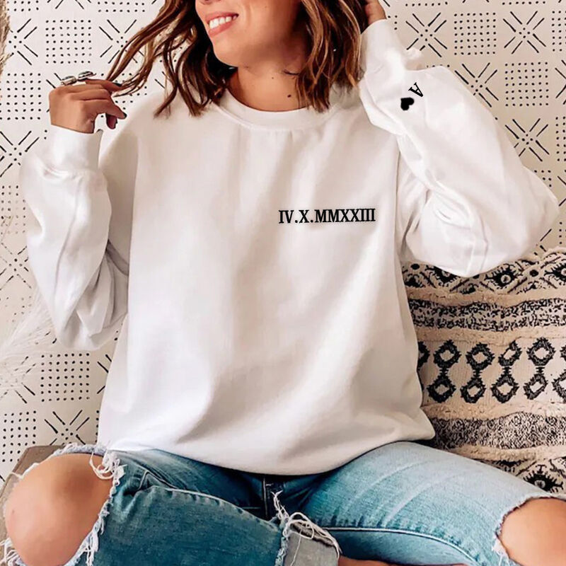 Personalized Sweatshirt Embroidered Lateral Roman Numeral Date and Initial Perfect for Couple's Anniversary