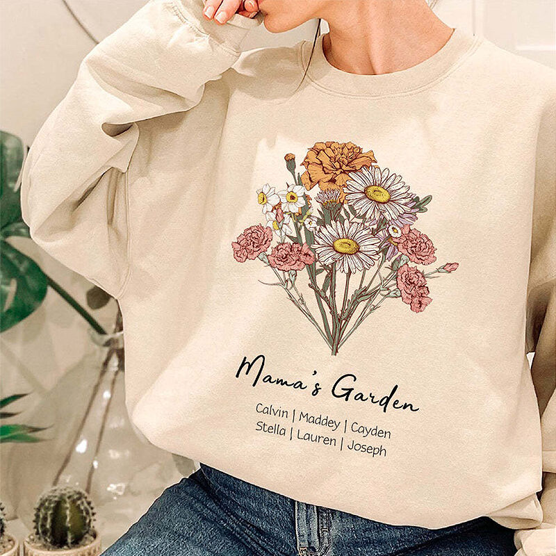 Sweatshirt personnalisé Maman's Garden avec fleur de naissance et noms personnalisés Cadeau chaleureux pour la fête des mères