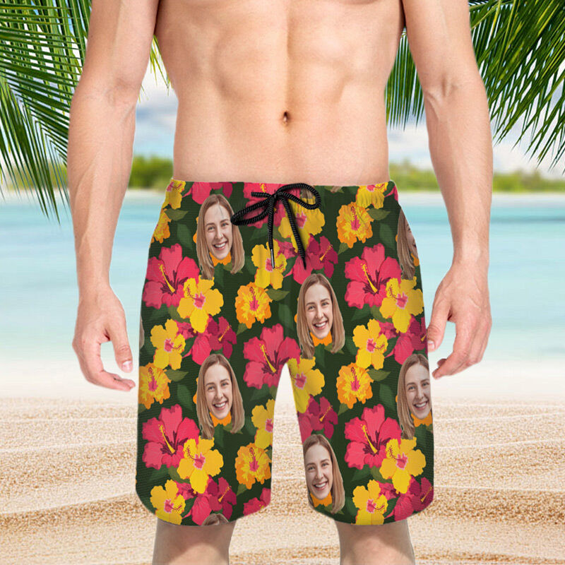 Personalized Picture Men's Beach Shorts Beautiful Flowers Pattern Best Present for Family