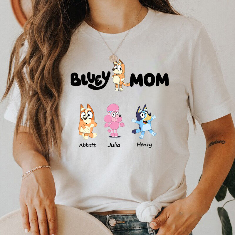 Personalized T-shirt Bluey Mom Custom Kids Cartoon Pattern Design Adorable Mother's Day Gift