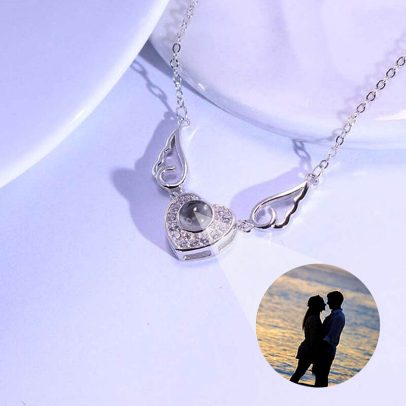 Sterling Silver Personalized Photo Projection Necklace-To Lover-Heart With Wings