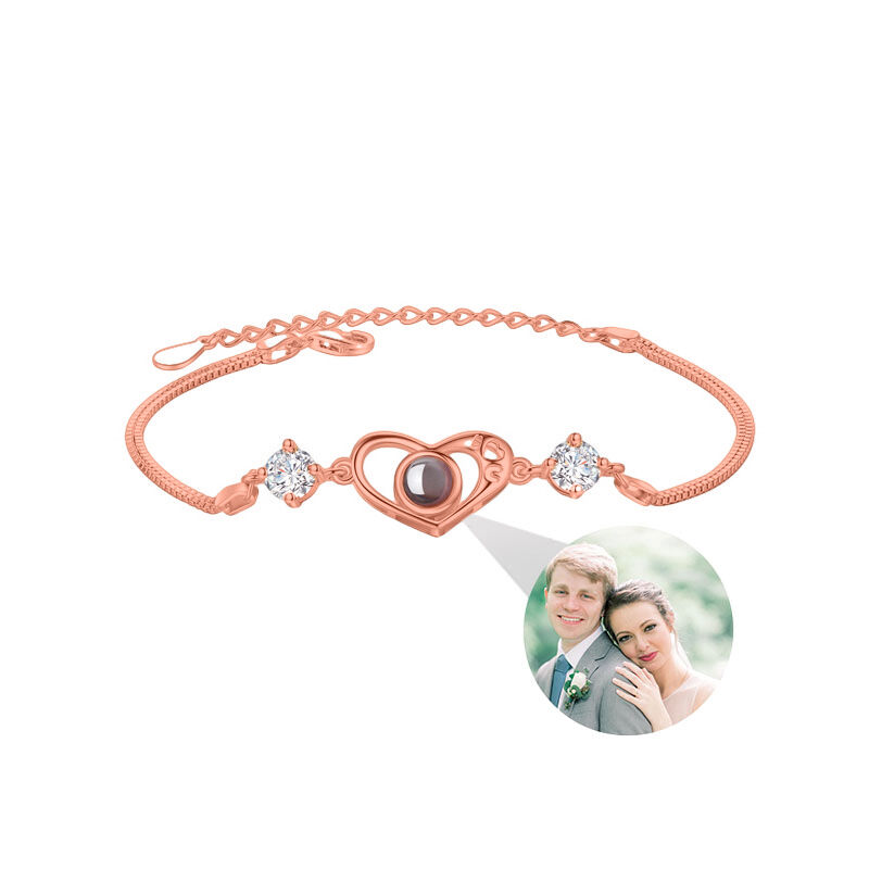Sterling Silver Personalized Heart Photo Projection Bracelet with Diamonds for Couple