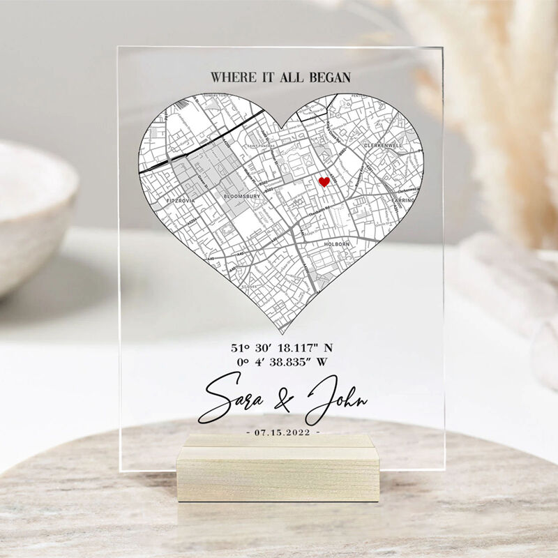 Personalized Acrylic Plaque Where It All Began with Custom Special Day Heart Map Design Unique Gift for Lover's Anniversary