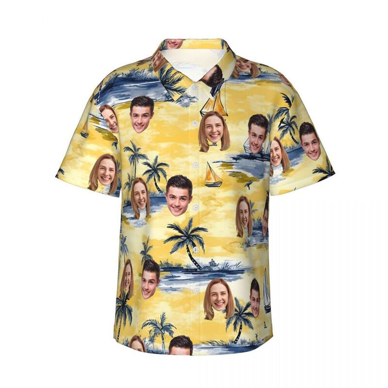 Personalized Hawaiian Shirt with Coconut Tree Print Yellow Short Sleeves Gift for Husband