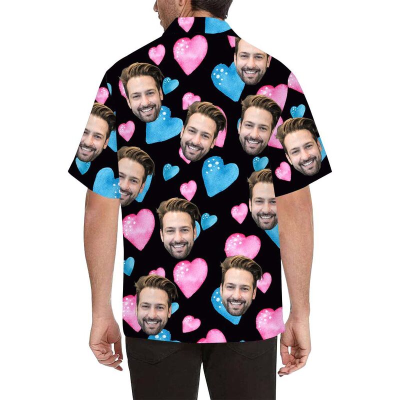 Custom Face Pink and Blue Heart Men's All Over Print Hawaiian Shirt