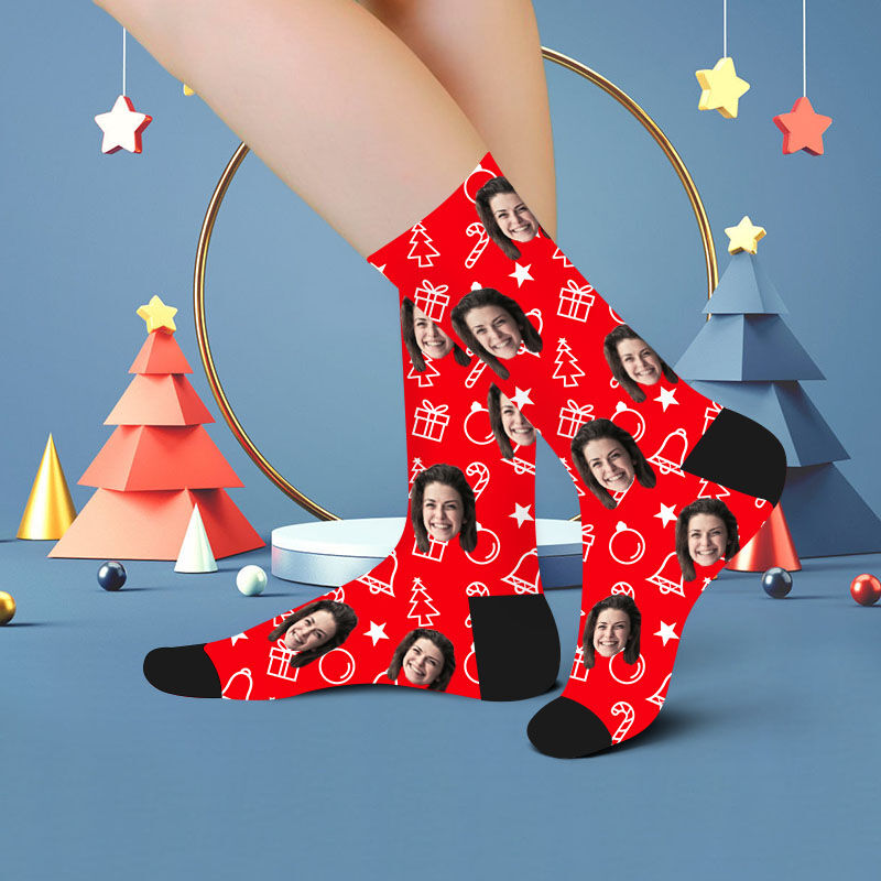 Custom Face Picture Socks Printed with Christmas Gift and Bell for Lover