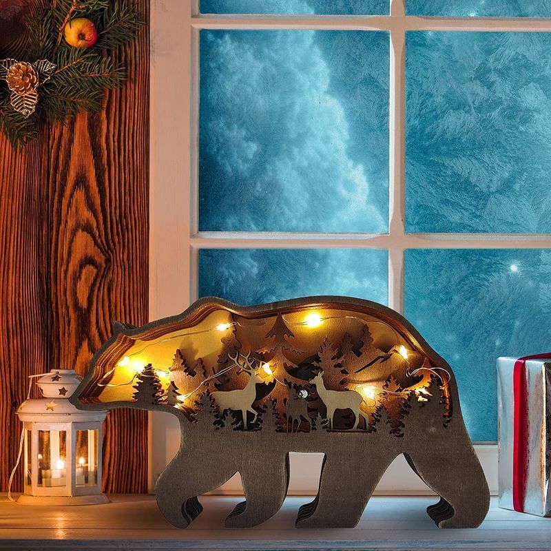 Forest Bear 3D Wood Carving Decorative Light Creative Gift for Family