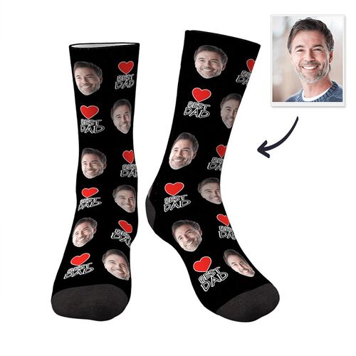 Cadeau pour la fête des pères : chaussettes personnalisées avec cœur rouge et photo du meilleur papa
