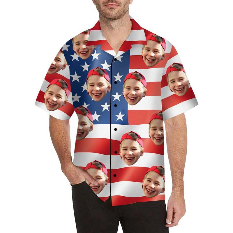 Chemise hawaïenne à impression intégrale Drapeau américain avec visage personnalisé pour hommes