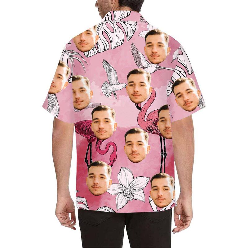 Custom Face White Crane and Flamingo Flower Men's All Over Print Hawaiian Shirt