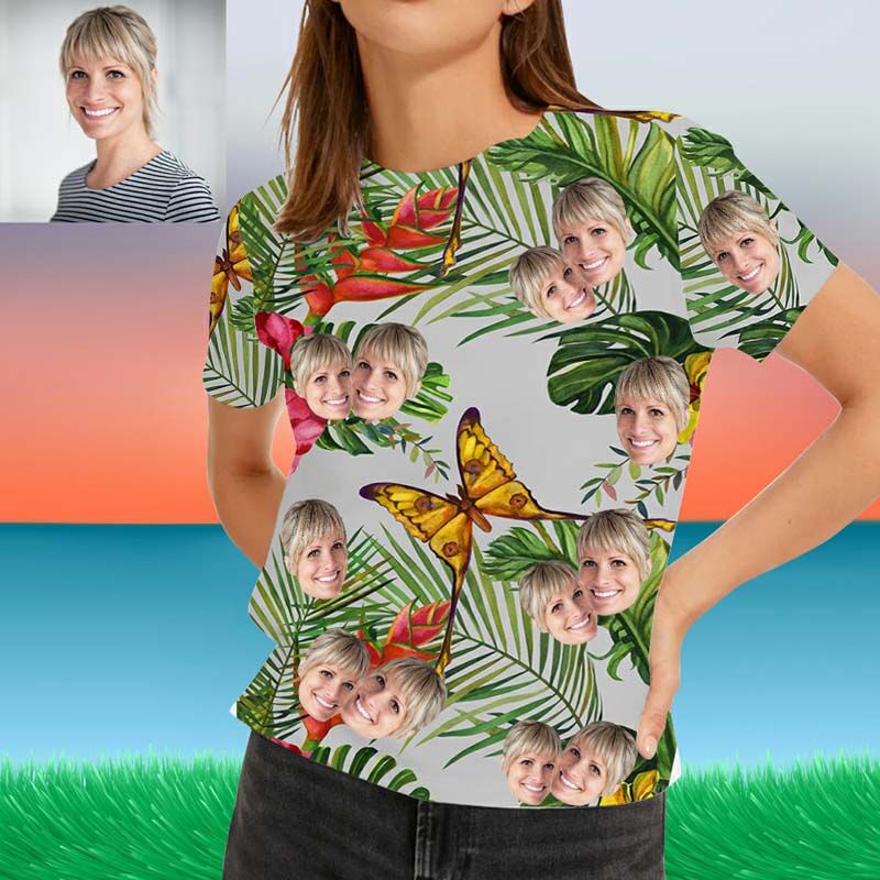 T-Shirt "Papillon en fleur" Visage personnalisé hawaïen pour femme