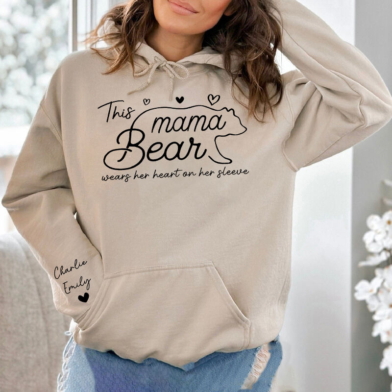Personalized Hoodie Mama Bear Wears Her Heart On Her Sleeve Adorable Gift for Mother's Day