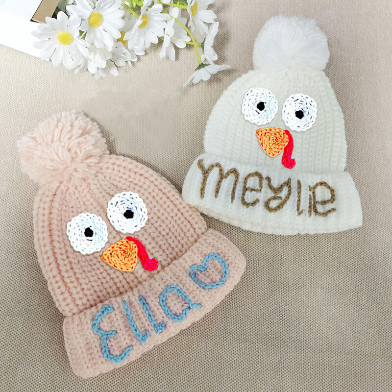 Personalized Embroidery Baby Beanie with Bird Pattern Newborn Gift