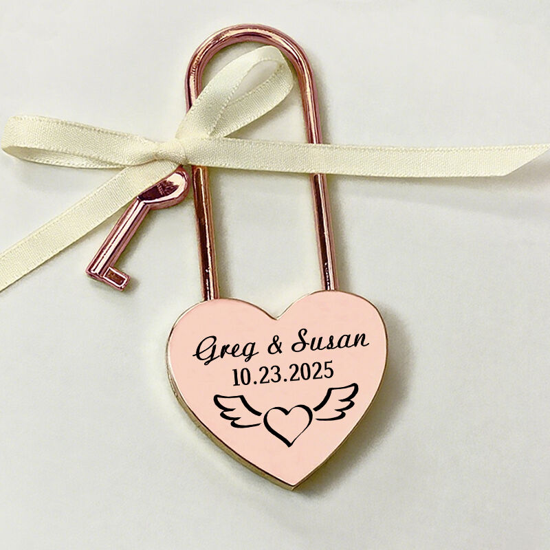 Lucchetto a forma di cuore personalizzato con nomi e data personalizzati Design ali d'amore carino Regalo di anniversario per innamorati