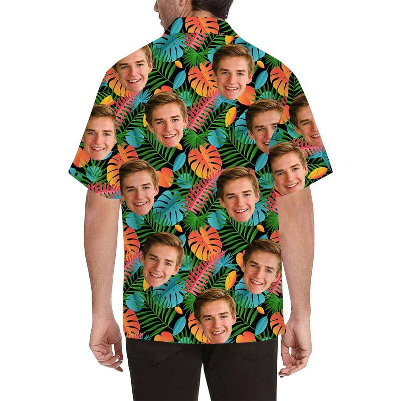 Chemise hawaïenne à impression intégrale pour hommes avec visage personnalisé et feuilles colorées