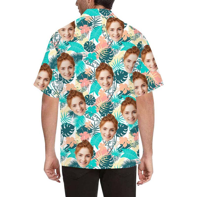 Chemise hawaïenne à impression intégrale pour hommes avec visage personnalisé et feuilles diverses